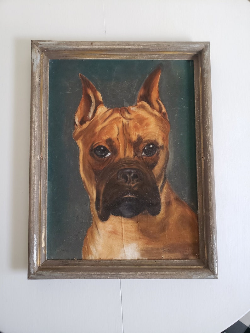 - Vintage Brown Boxer Dog Chalk Pastel Original Artwork American Folk Art Home Decor Retro Man/'s Best Friend Framed Illustration -