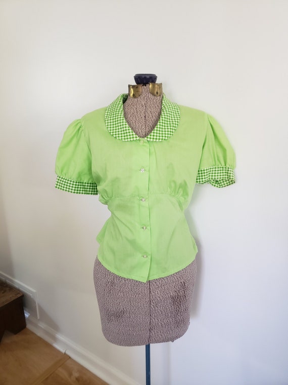 Vintage Green & Gingham Puff Sleeve Fitted Blouse 