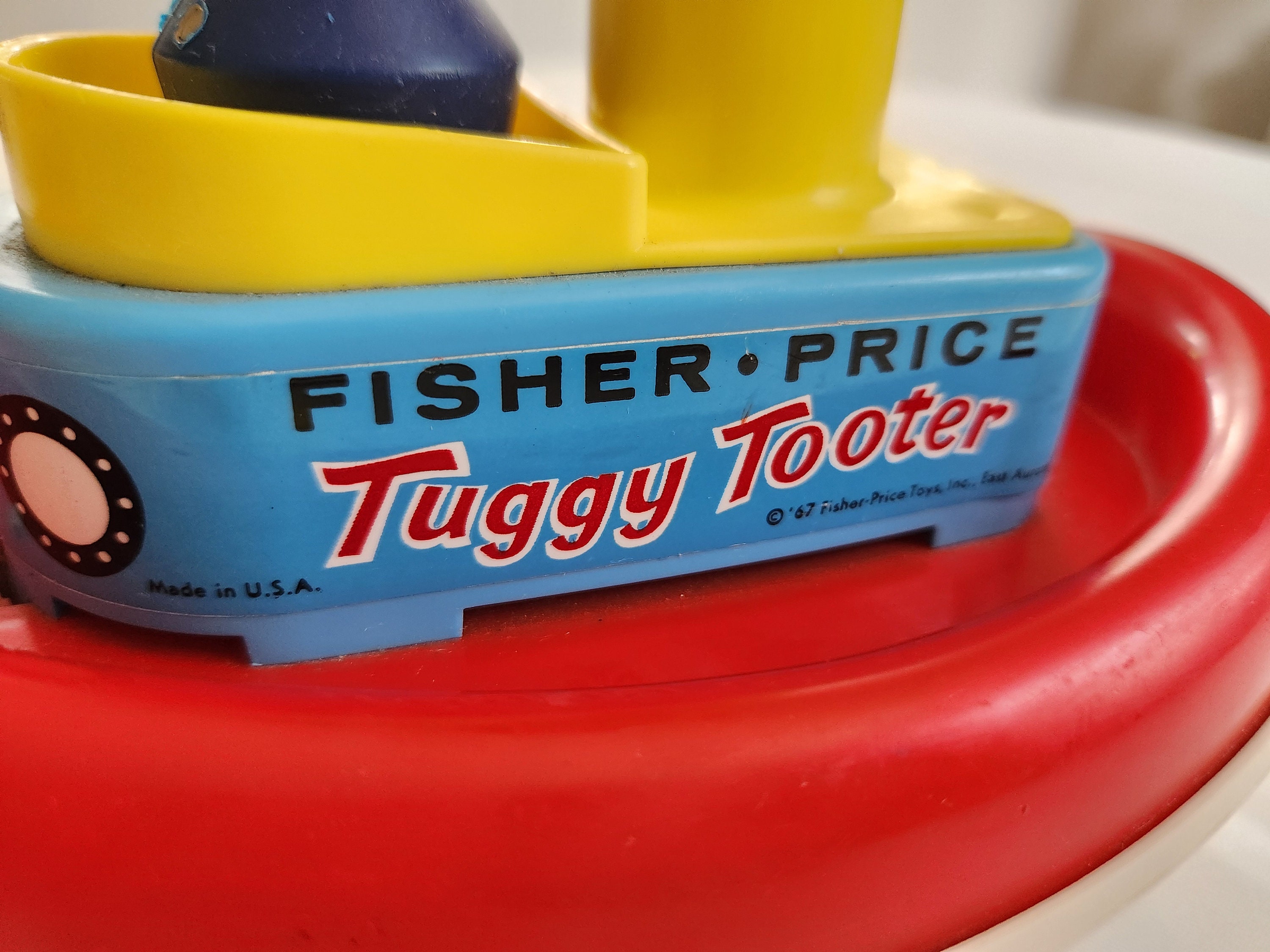 Vintage Tuggy Tooter Boat Pull Toy --- Retro 1960s Fisher