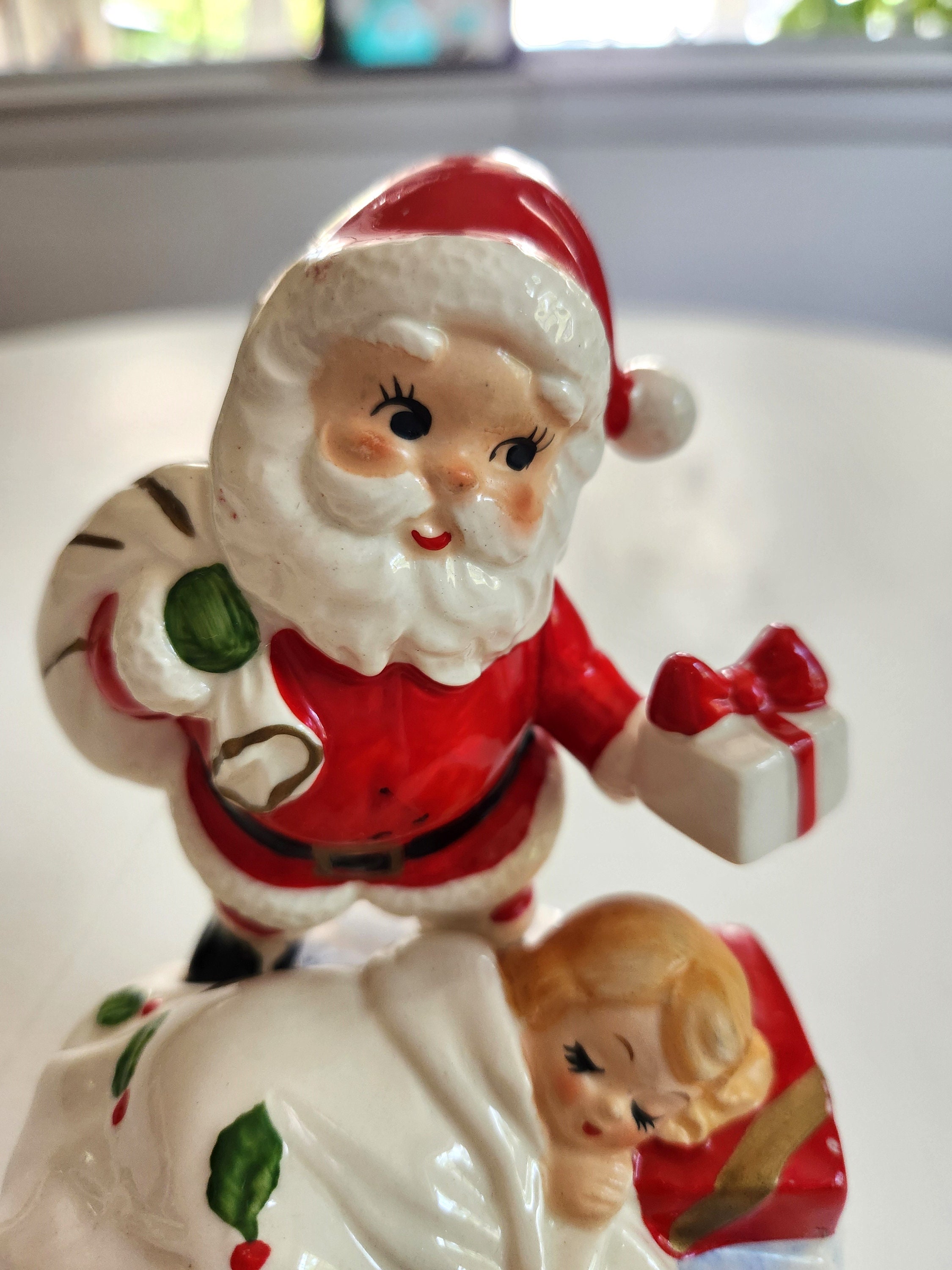 Vintage Lefton Santa Claus & Sleeping Girl Music Box