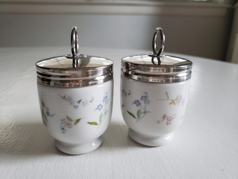 - - Retro English Breakfast China Vintage Royal Worcester Little Pastel Wildflowers Fine Porcelain Egg Coddlers Romantic Kitchen Decor