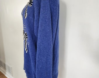 Vintage Worthington Silver Sequins Bows Blue Sweater