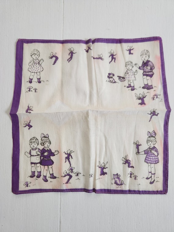 Vintage Pixies & Children Purple White Handkerchi… - image 2