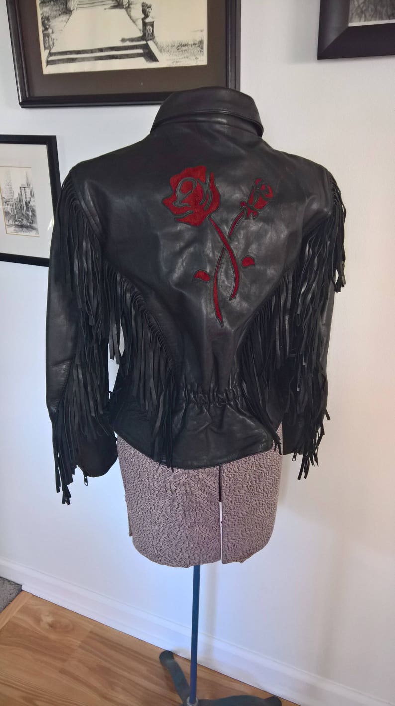 Vintage Red Rose Biker Fringe Leather Jacket Retro Tough Girl Gang Fashion Clothing 1970 S 1980 Femme Fatale Rock N Roll