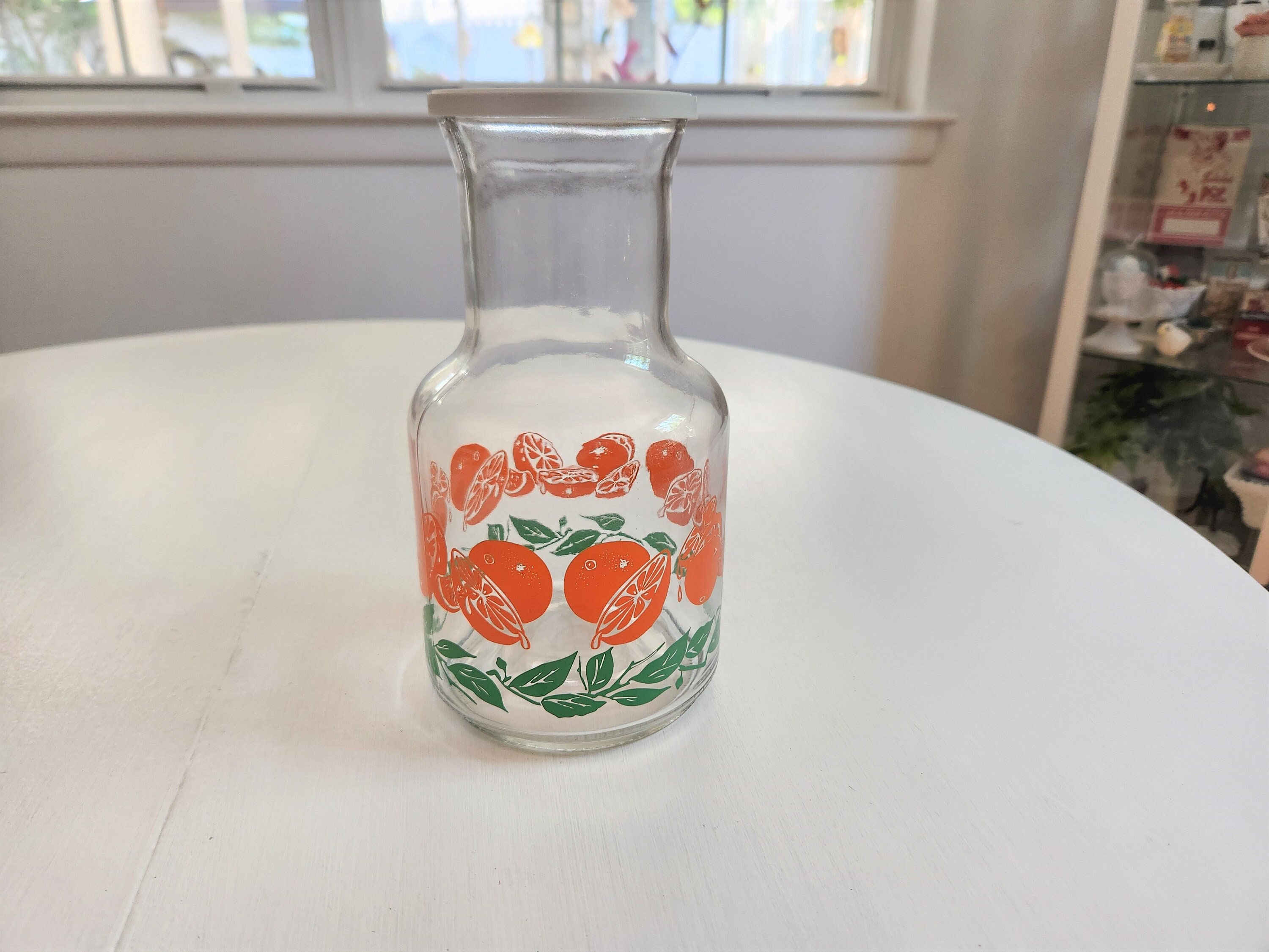 Vintage Glass Orange Juice Carafe Pitcher Jug Cups White Flower 1960's