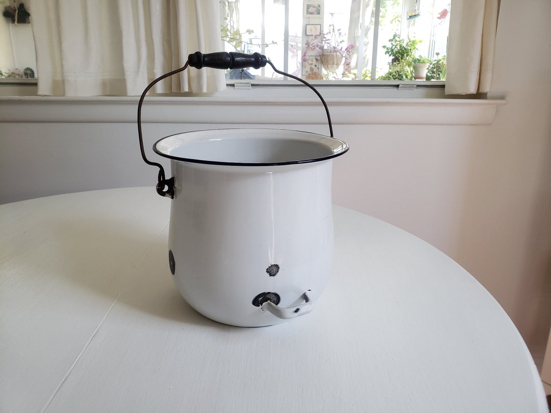 Vintage White Enamel Pail Antique Farmhouse Home Decor Milk Bucket Weathered Rustic Chateau