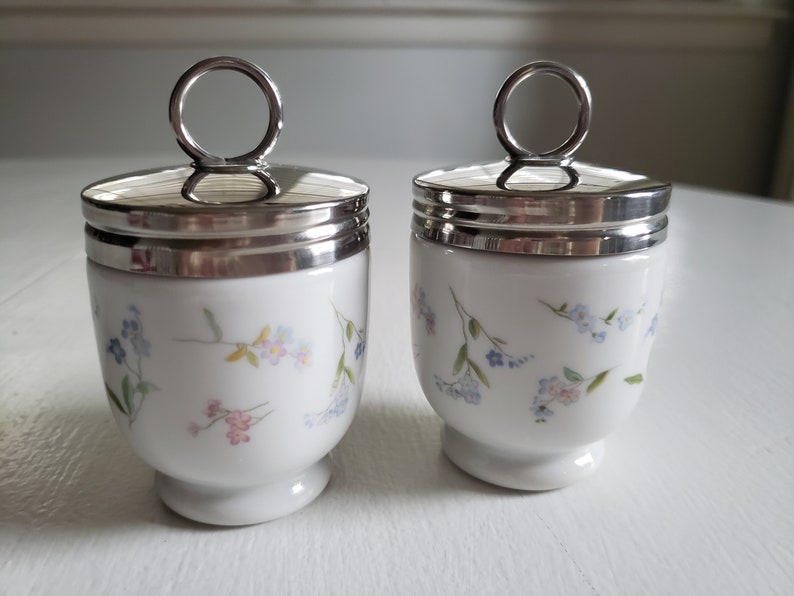 - - Retro English Breakfast China Vintage Royal Worcester Little Pastel Wildflowers Fine Porcelain Egg Coddlers Romantic Kitchen Decor