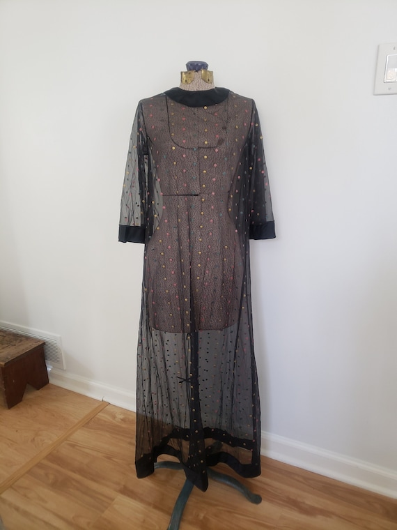 Vintage Sheer Black Dress With Colorful Polka Dots --- Retro Sexy 