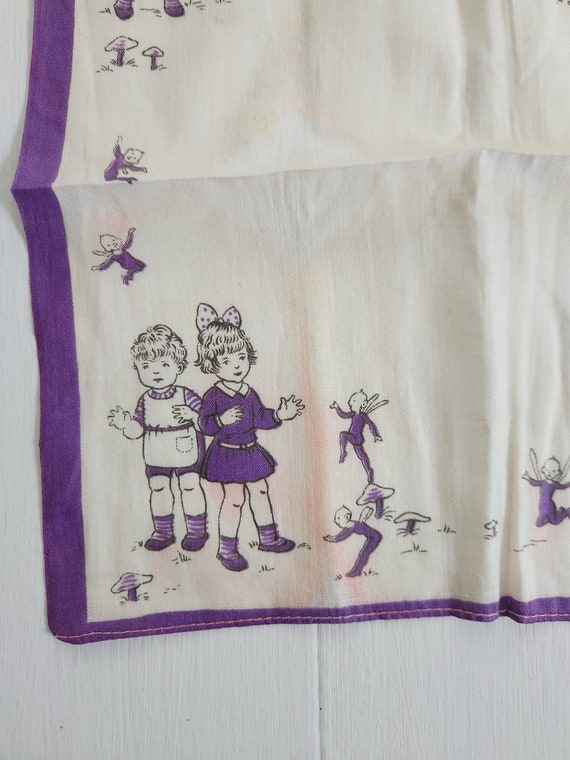 Vintage Pixies & Children Purple White Handkerchi… - image 5