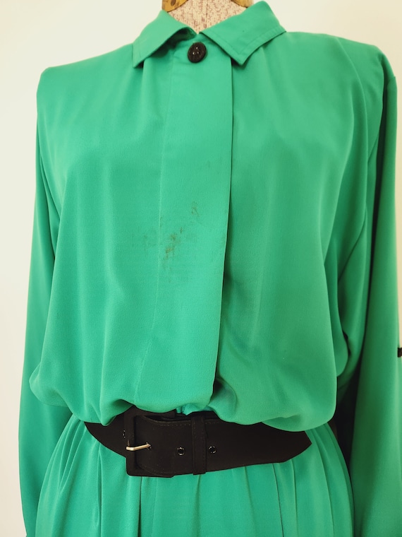 Vintage Ms Chaus Green Dress with Black Belt --- … - image 7