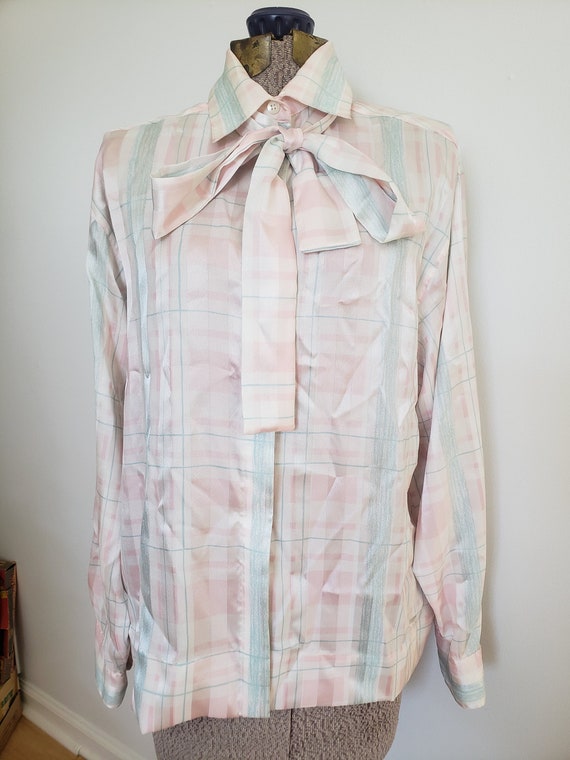 Vintage Evan-Picone Pastel Pink Plaid Blouse with… - image 2