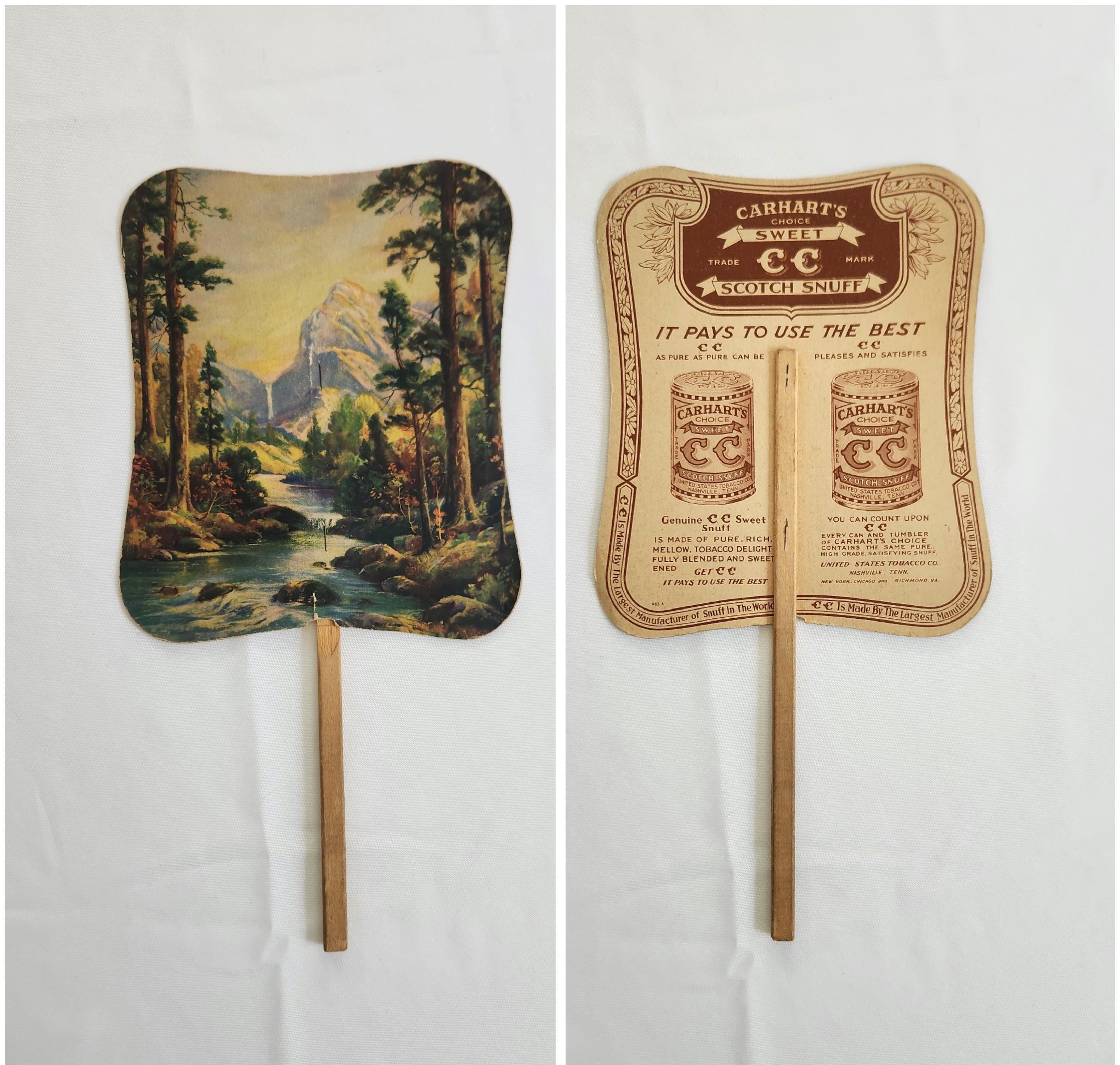 Antique Carhart's Choice Tobacco Advertising Paper Hand Fan --- Vintage  Mountain Creek Landscape Print --- Edwardian Advertisement Ephemera