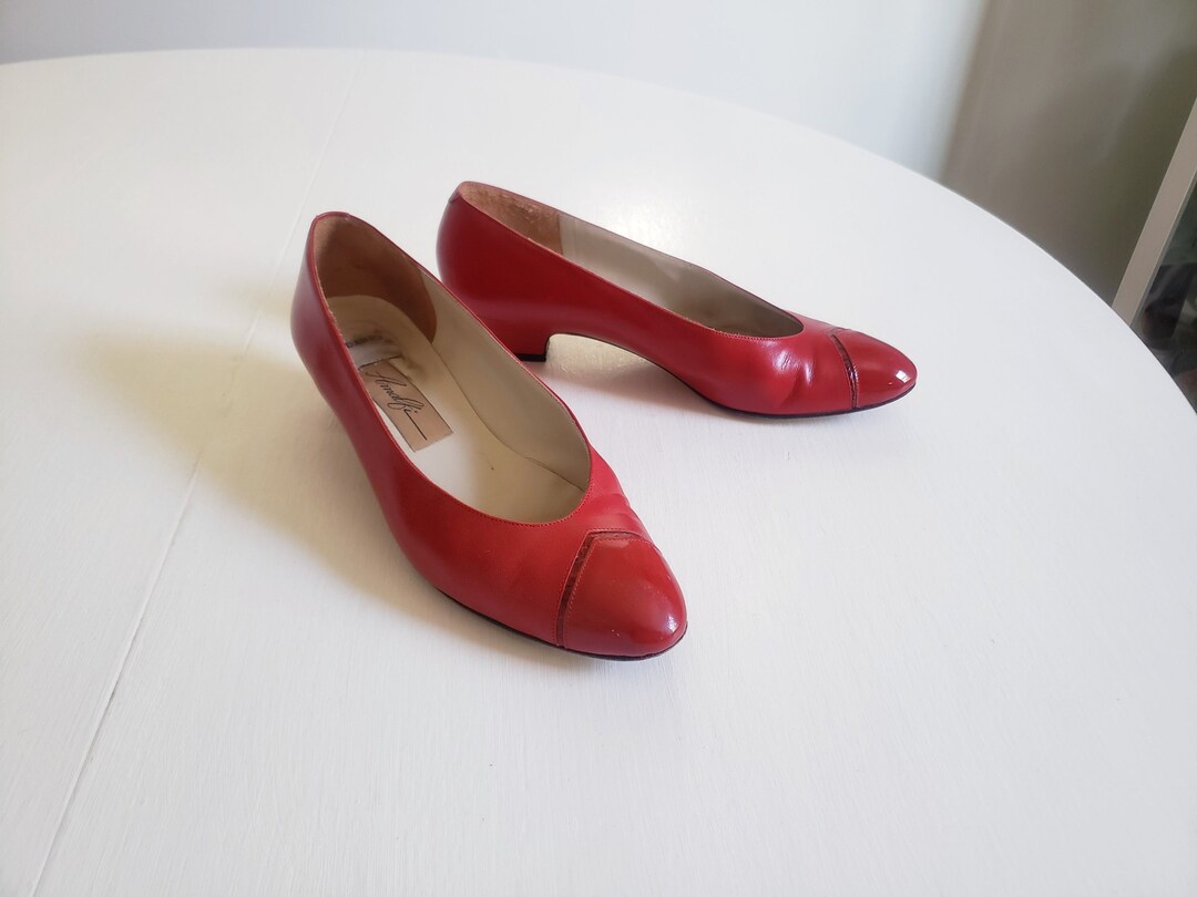 Vintage Cherry Red Leather Kitten Heel Shoes Retro Classic Women's