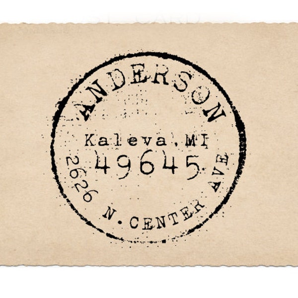 Custom Address Stamp, Round Return Address Stamp, Antique Postage, Wedding Rubber Stamp, Pre-inked, Kaleva