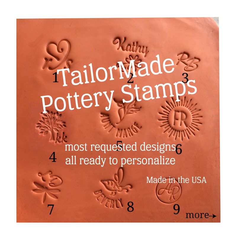 May include: A close-up of nine terracotta pottery stamps with various designs, including a tree, a flower, a sun, and a heart. The text "TailorMade Pottery Stamps" is written in white lettering on the terracotta surface. The text "most requested designs" and "all ready to personalize" is written in white lettering on the terracotta surface. The text "Made in the USA" is written in white lettering on the terracotta surface. The text "more&rarr;" is written in white lettering on the terracotta surface.