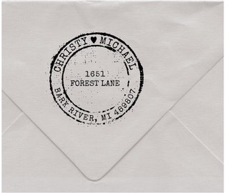 Custom Address Stamp, Round Return Address Stamp, Antique Postage, Wedding Rubber Stamp, Wooden Handled, Bark River