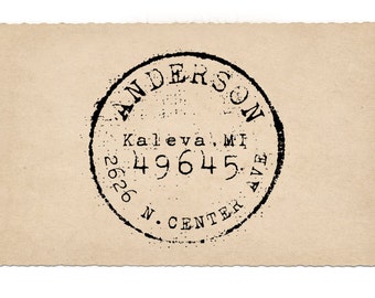 Custom Address Stamp, Round Return Address Stamp, Antique Postage, Wedding Rubber Stamp, Wooden Handled, Kaleva