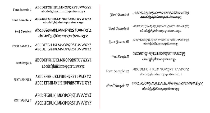 May include: A graphic showing 13 different font styles. Each font style is labeled with a font sample number and shows the alphabet in uppercase and lowercase letters.