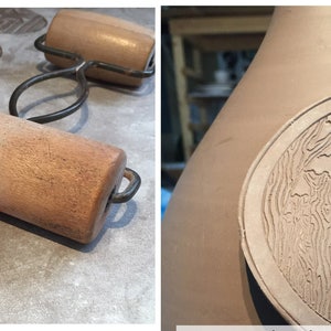 May include: A wooden rolling pin is used to roll out clay for a ceramic project. A round clay stamp with a textured design is being pressed into a clay vase.