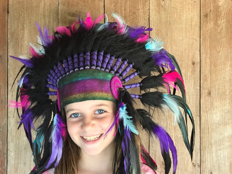 Dark Rainbow Feather Headpiece Kids Headdress Warbonnet Native Indian Style Costume Accessories Dress Up Party Festival