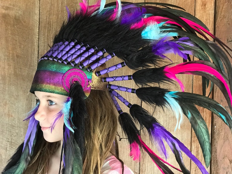 Dark Rainbow Feather Headpiece Kids Headdress Warbonnet Native Indian Style Costume Accessories Dress Up Party Festival