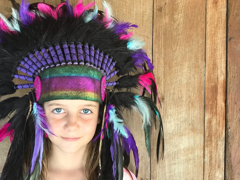 Dark Rainbow Feather Headpiece Kids Headdress Warbonnet Native Indian Style Costume Accessories Dress Up Party Festival