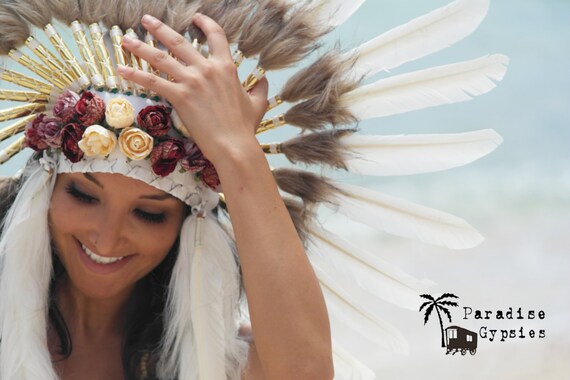 Rose Front White Swan Feather Headdress 