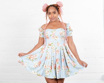 Floral Sweetheart Cottage Core Skater Dress - Gathered skirt - Brunch dress - Exaggerated Sleeves - princess seam dress