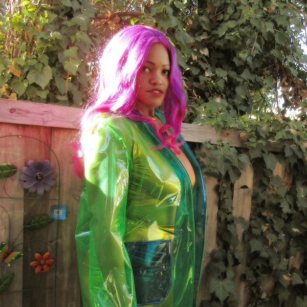 IMPERMEABLE TRANSPARENTE, impermeable de VINILO, impermeable Cyberpunk verde de vinilo transparente de neón de los años 90, chaqueta de neón cortavientos para mujer