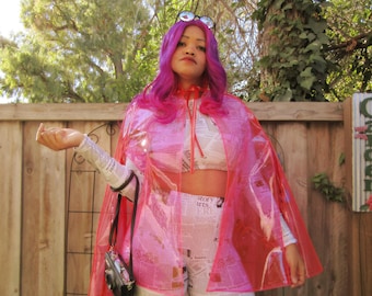TRANSPARENT CAPE, VINYL Cape, Neon Clear Vinyl Pink Cyberpunk Cape, Windbreaker Neon Cape For Women