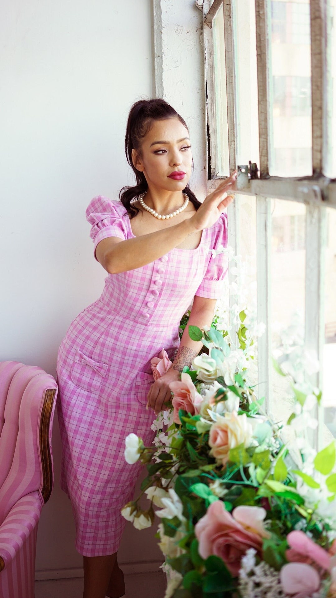 PINK PLAID Puff Sleeve Princess Seam MIDI Dress - 90s Fashion