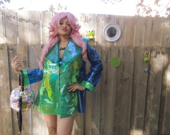 TRANSPARENT RAINCOAT, VINYL Raincoat, Neon Clear Vinyl Green Blue Cyberpunk Raincoat, Windbreaker Neon Jacket For Women