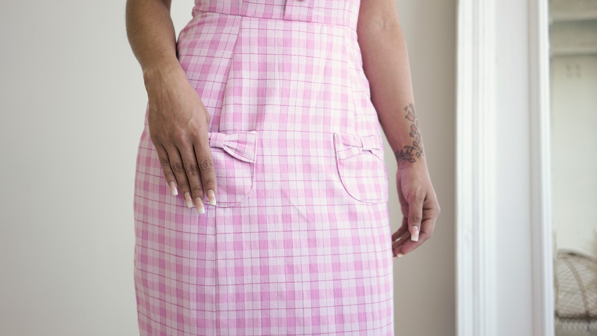 Pink Plaid Midi Dress - Puff Sleeves, Princess Seam 90s Fashion Pink Plaid Midi Dress - Puff Sleeves, Princess Seam 90s Fashion