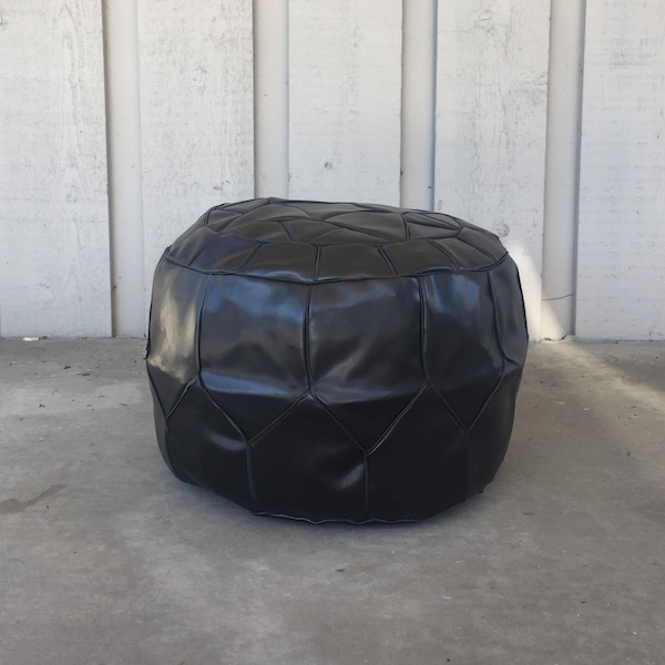 Black Egyptian Handmade Faux Leather Ottoman Pouf