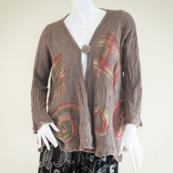 Cardigan Gypsy Style Double Layer Super Soft Stretchy Crinkle Cotton Hand Paint Shirt (Brown)