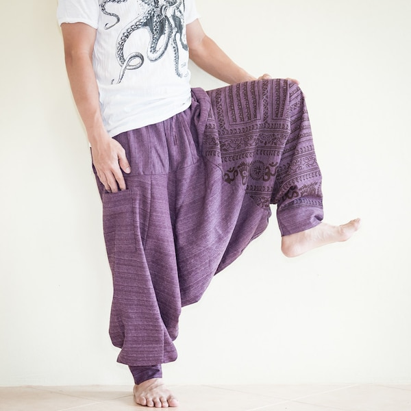 Om Ancient Hindu Script Pattern Harem Aladdin Unisex Textured Cotton Hobo Pants (HOH Purple with Brown Scripts)