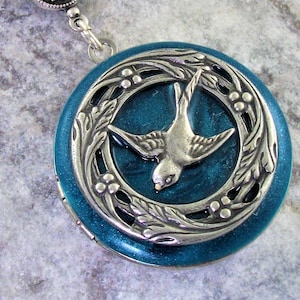 Silver Bird Locket Necklace: Turquoise Enamel, Victorian Style