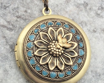 Sunflower Bee Locket Necklace. Gift For Women.