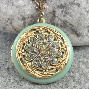 Sage Green Filigree Locket: Antique Brass Flower Pendant