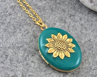 Jade Sunflower Enamel Gold Plated Locket Gift For Women.