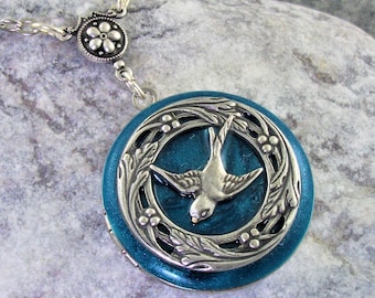 Silver Bird Locket Necklace, Victorian Style Jewelry. Gift For Women.