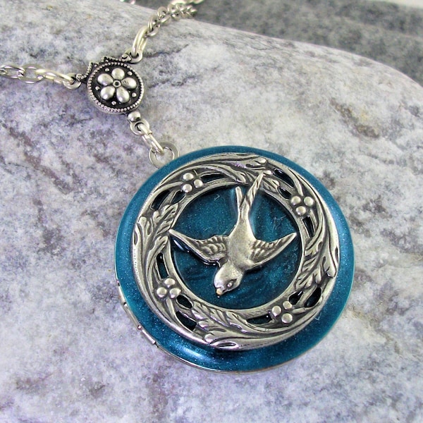 Silver Bird Locket Necklace, Victorian Style Jewelry. Gift For Women.