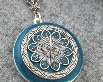 Teal Enamel Locket: Antique Silver Style Photo Keepsake