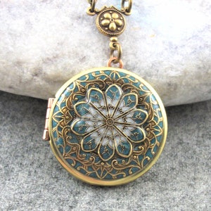 Teal Locket Pendant: Antique Style Filigree Brass Photo Locket