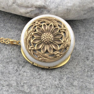 Sunflower Brass Locket Necklace: Vintage Style Photo Pendant