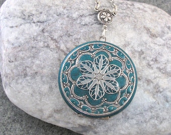 Antique Style Teal Filigree Silver Locket Gift For Women.