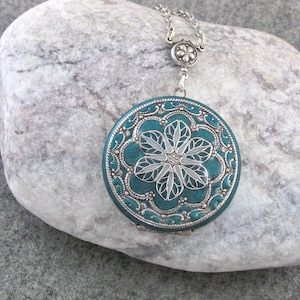 Antique Style Teal Filigree Silver Locket Gift For Women.