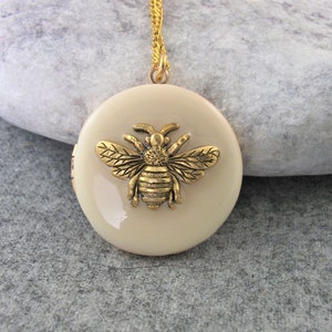 Cream Bee Locket Necklace. Gift For Women.