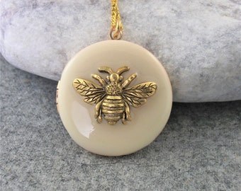 Cream Bee Locket Necklace. Gift For Women.