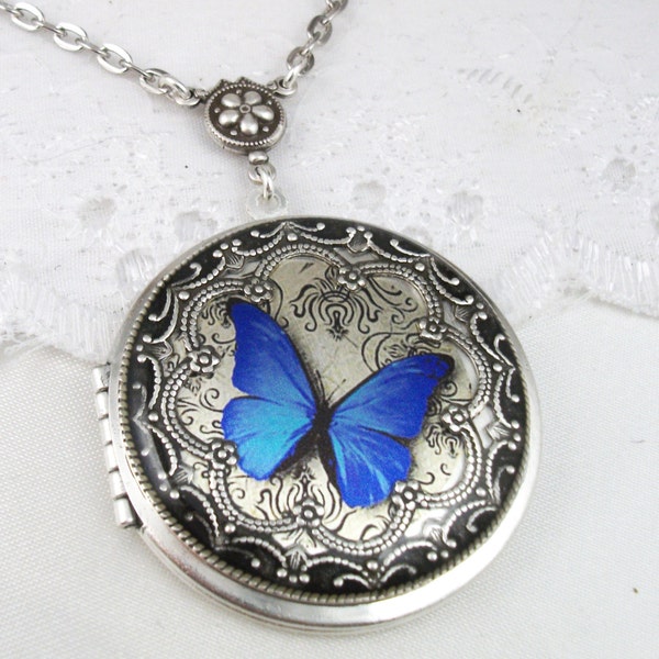 Silver Butterfly Locket. Blue Butterfly Resin Locket. Valentine Gift For Her.Wedding Locket. Picture Locket. Mother's Day Locket